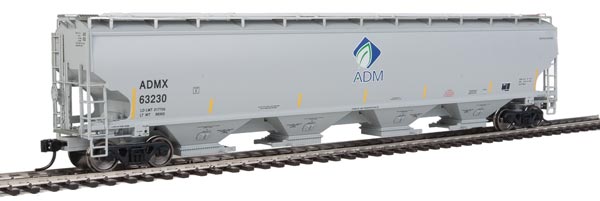WalthersProto 67' Trinity 6351 4-Bay Covered Hopper - Ready to Run -- Archer-Daniels-Midland #63230 (gray, Leaf Logo, Yellow Conspicuity Stripes) - 920-105819
