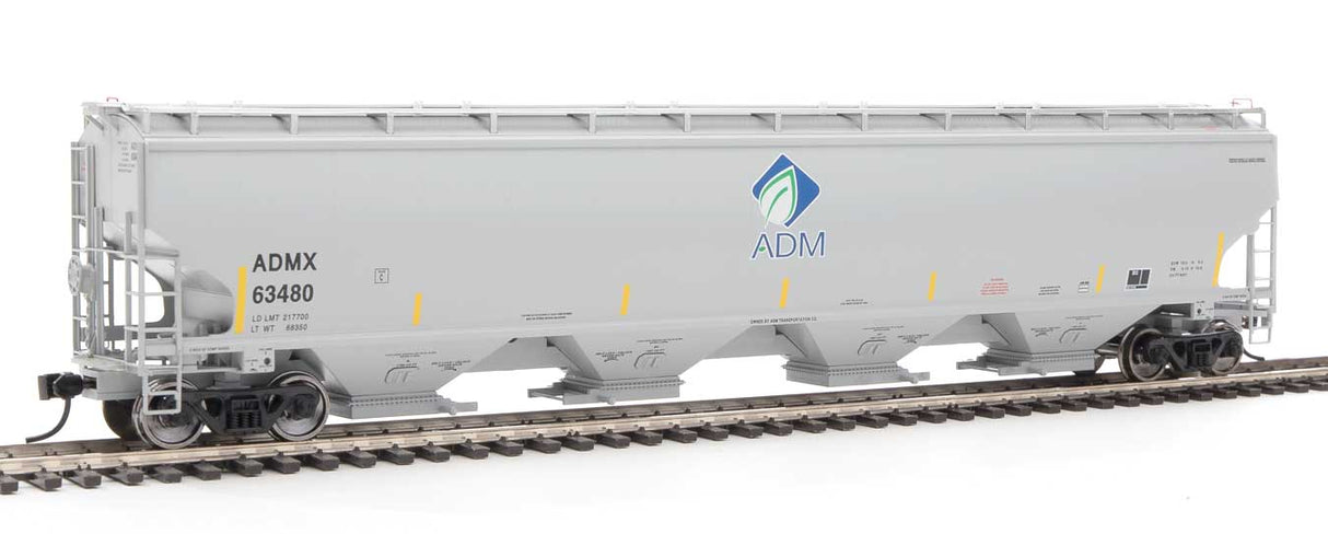 WalthersProto 67' Trinity 6351 4-Bay Covered Hopper - Ready to Run -- Archer-Daniels-Midland #63480 (gray, Leaf Logo, Yellow Conspicuity Stripes) - 920-105842