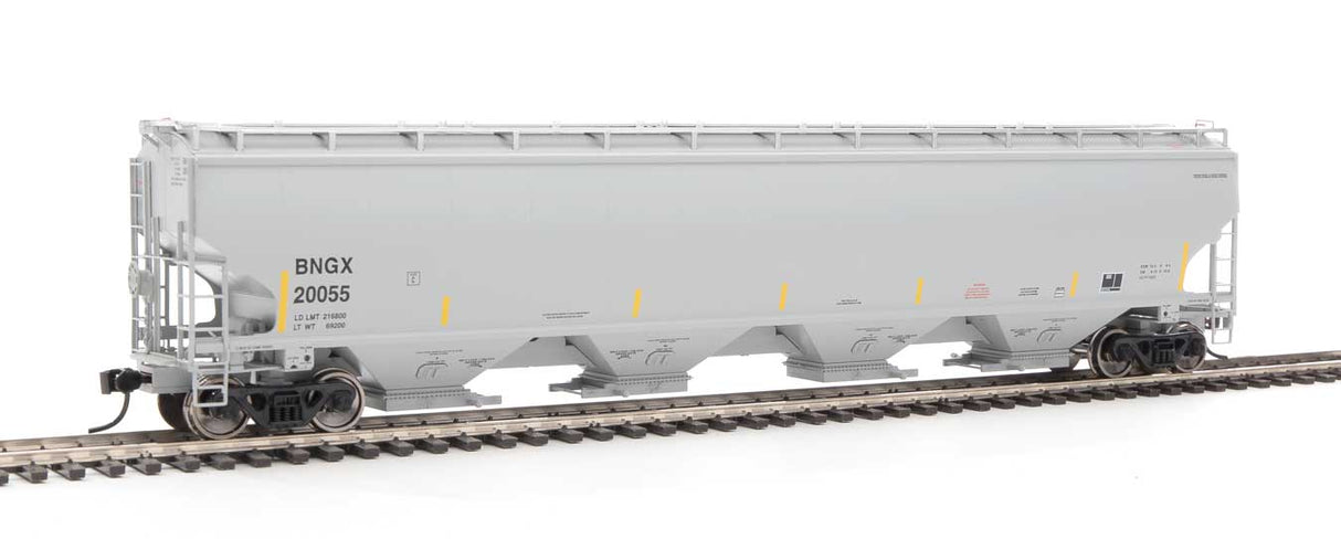 WalthersProto 67' Trinity 6351 4-Bay Covered Hopper - Ready to Run -- Bunge Corporation BNGX #20055 (gray, Yellow Conspicuity Stripes) - 920-105843