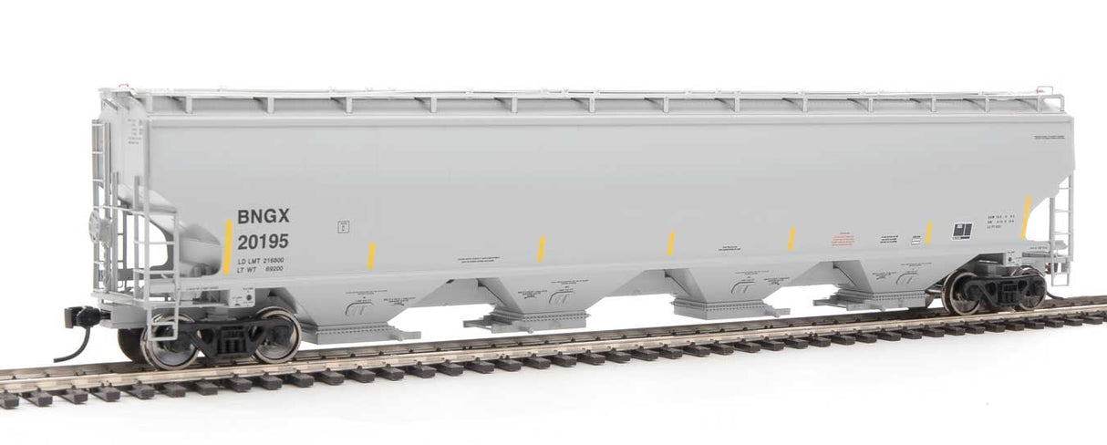 WalthersProto 67' Trinity 6351 4-Bay Covered Hopper - Ready to Run -- Bunge Corporation BNGX #20195 (gray, Yellow Conspicuity Stripes) - 920-105844