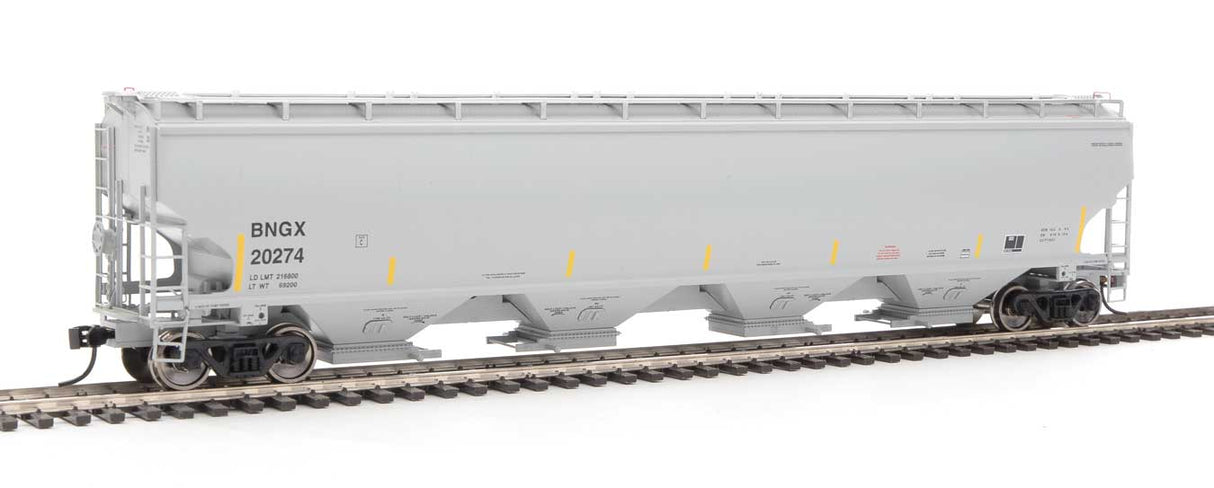 WalthersProto 67' Trinity 6351 4-Bay Covered Hopper - Ready to Run -- Bunge Corporation BNGX #20274 (gray, Yellow Conspicuity Stripes) - 920-105845