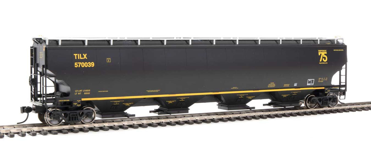 WalthersProto 67' Trinity 6351 4-Bay Covered Hopper - Ready to Run -- Trinity Industries Leasing TILX #570039 (black, gold; 75th Anniversary Logo) - 920-105860