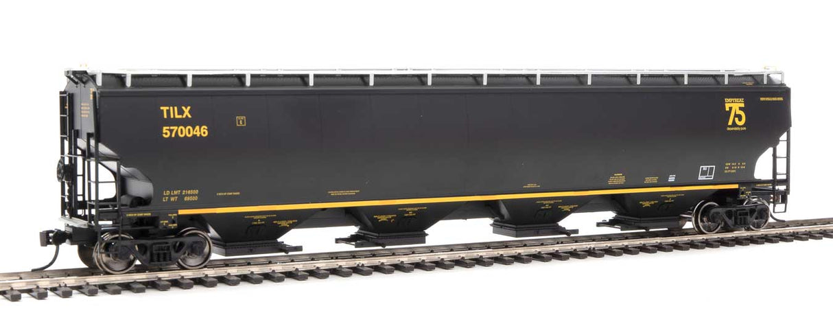 WalthersProto 67' Trinity 6351 4-Bay Covered Hopper - Ready to Run -- Trinity Industries Leasing TILX #570046 (black, gold; 75th Anniversary Logo) - 920-105861