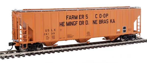 WalthersProto 55' Evans 4780 Cubic Foot 3-Bay Covered Hopper - Ready To Run -- Farmers Co-op Association USLX #26139 (Hemingford, Nebraska; orange, black) - 920-106130