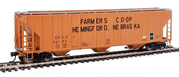 WalthersProto 55' Evans 4780 Cubic Foot 3-Bay Covered Hopper - Ready To Run -- Farmers Co-op Association USLX #26143 (Hemingford, Nebraska; orange, black) - 920-106131