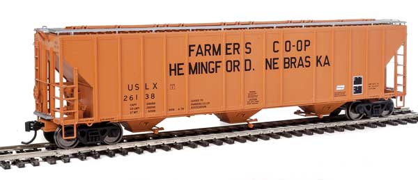 WalthersProto 55' Evans 4780 Cubic Foot 3-Bay Covered Hopper - Ready To Run -- Farmers Co-op Association USLX #26138 (Hemingford, Nebraska; orange, black) - 920-106132