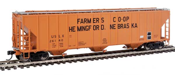 WalthersProto 55' Evans 4780 Cubic Foot 3-Bay Covered Hopper - Ready To Run -- Farmers Co-op Association USLX #26140 (Hemingford, Nebraska; orange, black) - 920-106133