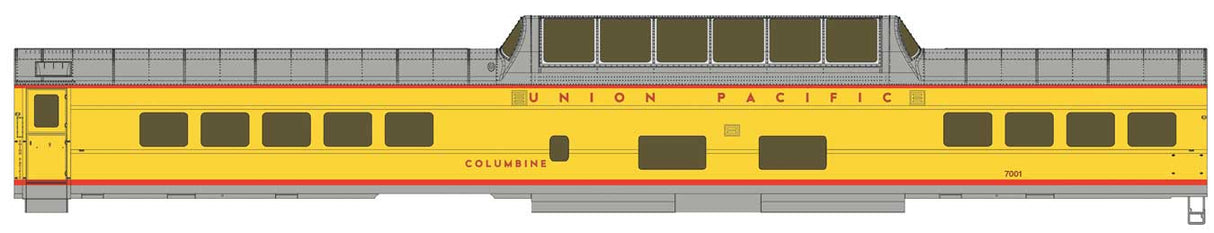 WalthersProto HO 85' ACF Dome Coach - Standard - Union Pacific(R) Heritage Fleet -- Columbine UPP #7001; Late w/printed name & number
