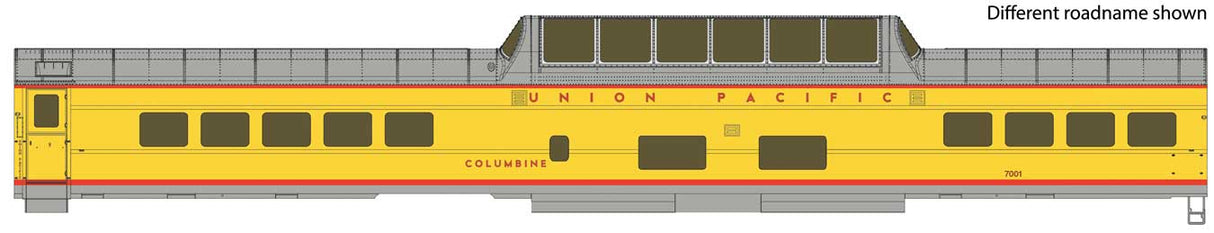 WalthersProto 85' ACF Dome Coach Union Pacific(R) Heritage Fleet - Ready to Run - Lighted -- Union Pacific UPP #7001 "Columbine" (Armour Yellow, gray, red) - 920-18551