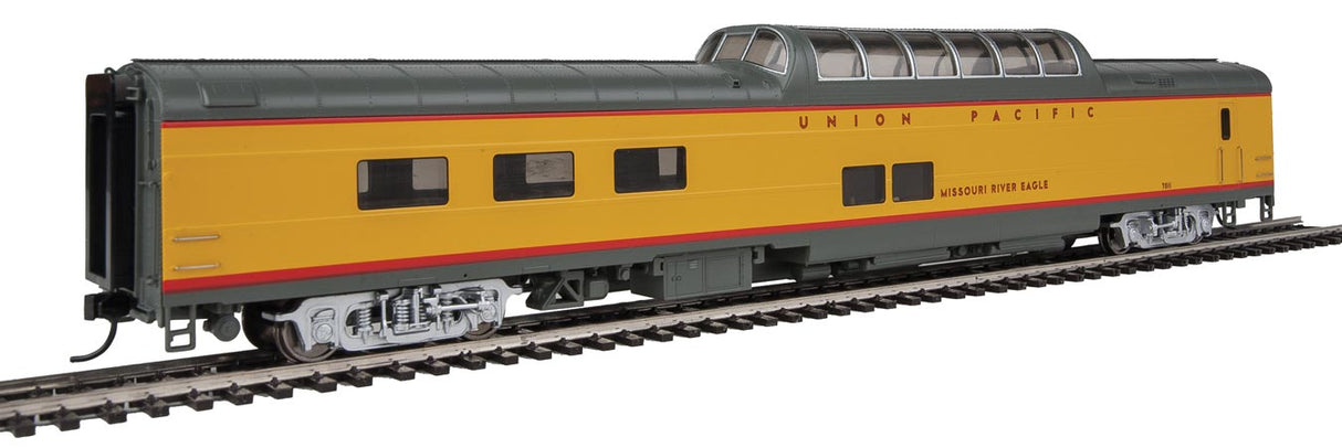 WalthersProto Walthers Proto HO 85' ACF Dome Diner - Union Pacific Heritage Fleet - Ready to Run - Lighted -- UPP #7011 Missouri River Eagle (Armour Yellow, gray, red) - 920-18655