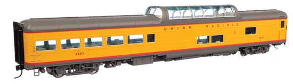 WalthersProto 85' American Car & Foundry Dome Lounge -- Union Pacific #9007 (yellow, red, gray trucks)