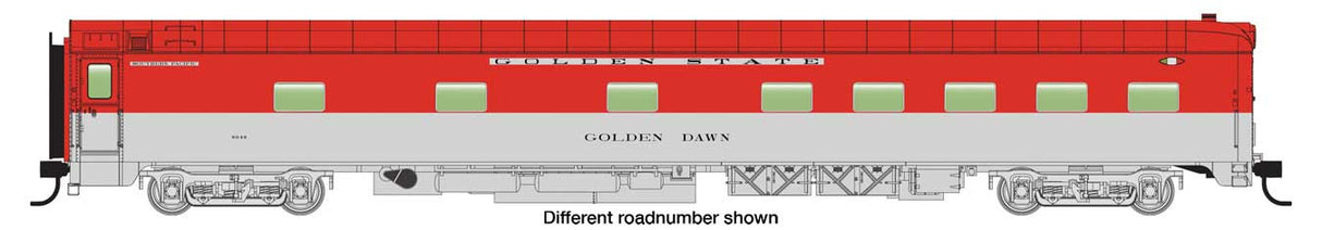 WalthersProto 85' Pullman-Standard 10-6 Sleeper with Blunt End -- Southern Pacific(TM) Golden Wave #9056 (Simulated Stainless, large red strip)