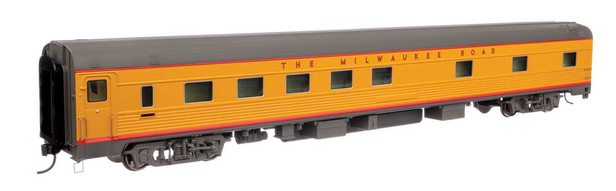 WalthersProto HO 85' Budd Pacific Series 10-6 Sleeper -- Milwaukee Road (Standard, Includes Decals; yellow, gray, red)