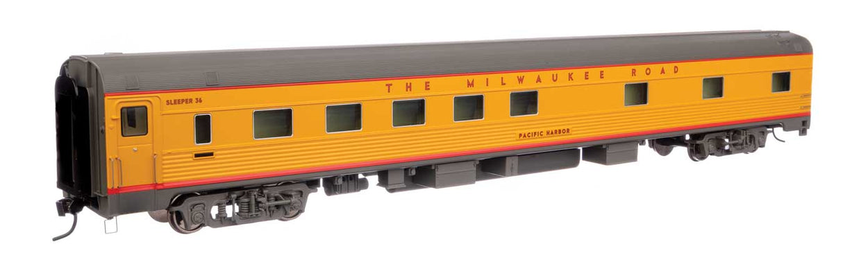 WalthersProto HO 85' Budd Pacific Series 10-6 Sleeper -- Milwaukee Road Pacific Harbor (yellow, gray, red)