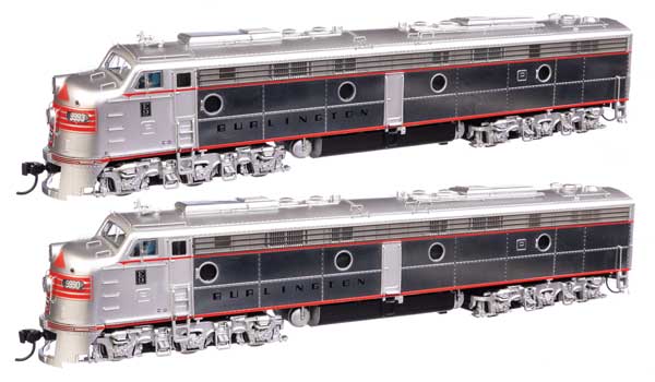 WalthersProto EMD E9 A-A with LokSound 5 Sound & DCC -- Chicago, Burlington & Quincy #9990 & 9993 (plated sides)