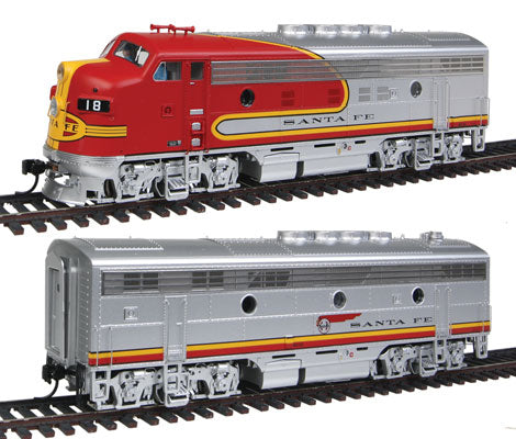 WalthersProto EMD F3A-B Set, Modernized 16 Class - Standard DC -- Santa Fe #18L, 18A (Warbonnet, silver, red, Long Bonnet Version) - 920-48274