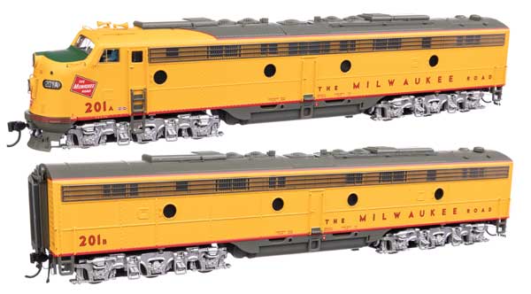 WalthersProto EMD E9A - B - Standard DC - City of San Francisco -- Milwaukee Road #201A, 201B (yellow, gray, red)