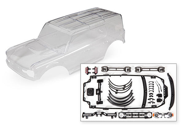 Traxxas 9211 Body, Ford Bronco (2021) (Clear, requires painting)/ decals/ window masks (includes grille, side mirrors, door handles, fender flares, windshield wipers, spare tire Mount, clipless Mounting, Hardware) (requires #8080X inner Fenders) - TRA9211