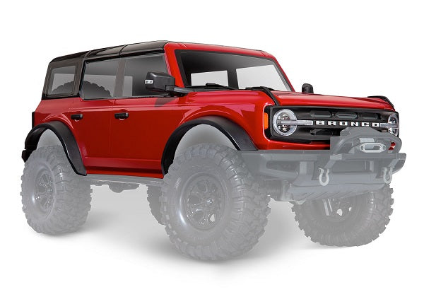 Traxxas 9211R Body, Ford Bronco (2021), Complete, Rapid - Red (painted) (includes grille, side mirrors, door handles, fender flares, windshield wipers, spare tire Mount, & clipless Mounting) (requires #8080X inner Fenders) - TRA9211R