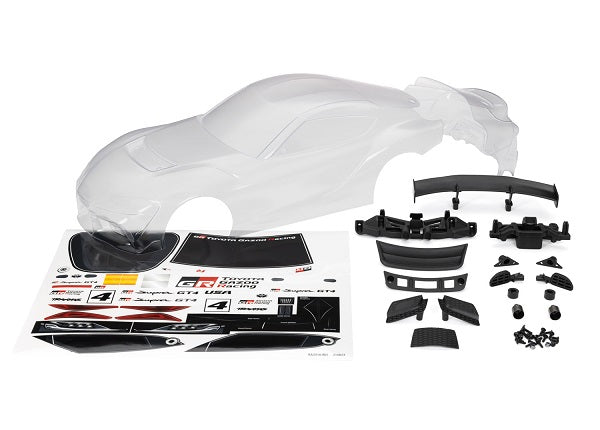 Traxxas 9340 Body, Toyota Supra GT4 (Clear, trimmed, requires painting)/ Decal Sheet (includes side mirrors, wing, grilles, vents, Hardware, & clipless Mounting) - TRA9340
