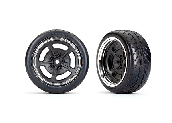 Traxxas 9373 Tires and Wheels, assembled, glued (black with chrome Wheels, 2.1' Response Tires) (extra wide, Rear) (2) - TRA9373