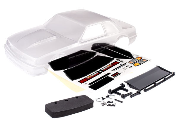 Traxxas 9421 Body, Ford Mustang, Fox Body (Clear, requires painting)/ window masks/ Decal Sheet (includes side mirrors, wing, wing retainer, Rear Body Mount posts, foam Body bumper, & Mounting Hardware)