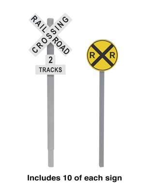 Walthers SceneMaster Railroad Crossing Signs -- 10 Each Modern Advance Warning & Crossbucks - 949-4197