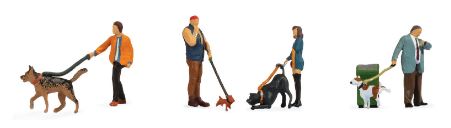 Walthers SceneMaster HO People with Dogs -- 4 of Each, 1 Garbage Can