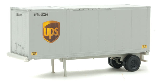 Walthers SceneMaster 28' Container with Chassis 2-Pack - Assembled -- United Parcel Service (Modern Shield Logo, gray, brown, yellow) - 949-8601