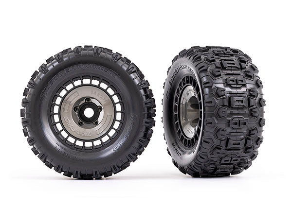 Traxxas 9572 Tires and Wheels, assembled, glued (3.8' black Wheels, - Gray Wheel covers, Sledgehammer Tires, foam Inserts) (2) - TRA9572