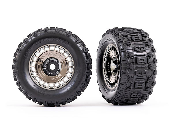 Traxxas 9572T Tires and Wheels, assembled, glued (3.8' black chrome Wheels, black chrome Wheel covers, Sledgehammer Tires, foam Inserts) (2) - TRA9572T