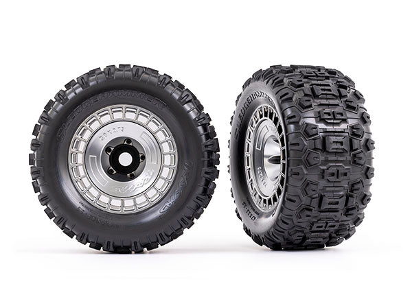 Traxxas 9572X Tires and Wheels, assembled, glued (3.8' satin chrome Wheels, satin chrome Wheel covers, Sledgehammer Tires, foam Inserts) (2) - TRA9572X