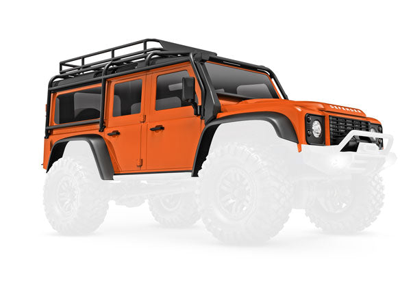 Traxxas 9712-ORNG Body, Land Rover Defender, Complete, orange (includes grille, side mirrors, door handles, fender flares, fuel canisters, jack, spare tire Mount, & clipless Mounting) (requires #9734 Front & Rear bumpers)