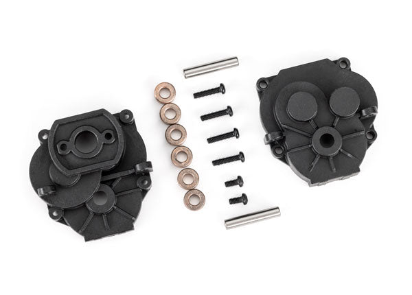 Traxxas 9747 Gearbox housing (Front & Rear)/ 2x4mm BCS (with threadlock) (2)/ 2x8mm BCS (4)/ 3x6x2.5mm Bushings, self-lubricating (6)/ 3x16mm pins (2) - TRA9747