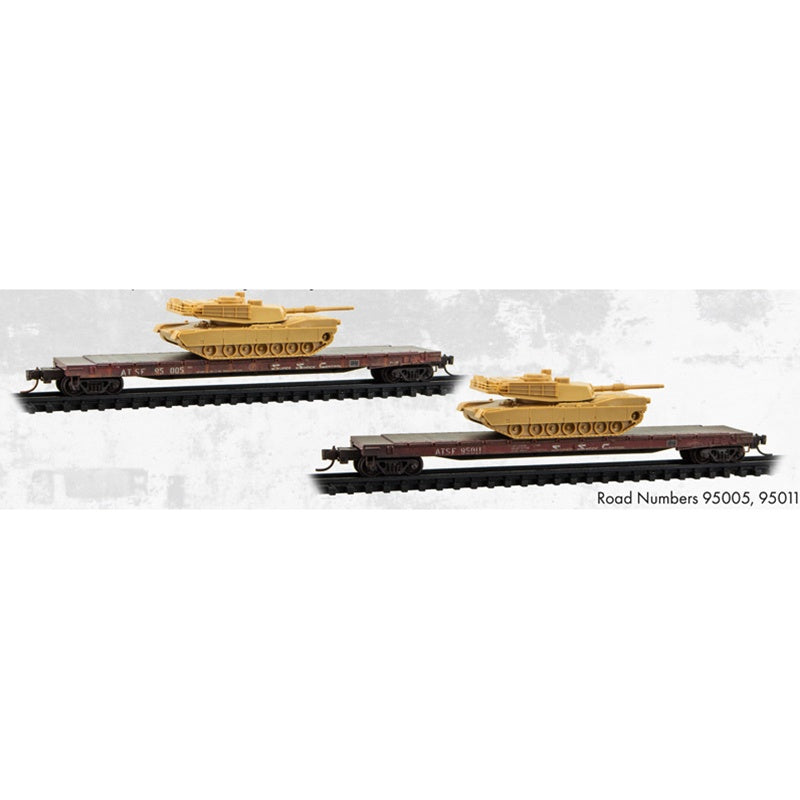 Micro-Trains by Atlas 983 102 294 N-Scale Weathered 57' Converted TOFC Flat Car w/ M1 Abram Tank Kit (2-Pack) - Santa Fe (ATSF) #95005, 95011
