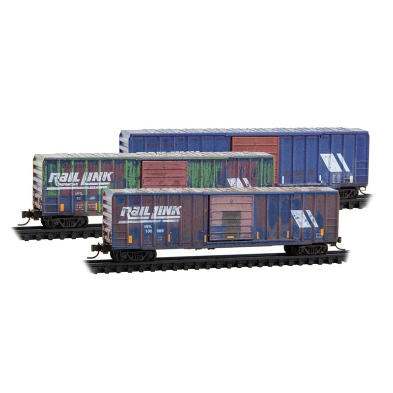 Micro-Trains by Atlas 983 105 108 N-Scale Weathered 50' Single Door Rib Side Boxcar w/o Roofwalk (3-Pack) - Montana Rail Link (MRL) #100980, 100982, 100989