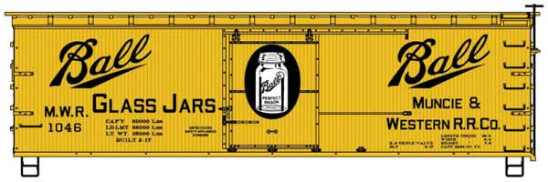 Accurail HO 36' Double-Sheathed Wood Boxcar w/Steel Roof, Ends, Fishbelly Underframe - K -- Muncie & Western #1046 (Ball Glass Jar Scheme, yellow, black)
