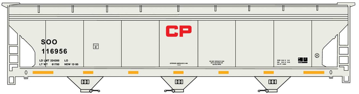 Accurail HO ACF 47' 3-Bay Center-Flow Covered Hopper - Kit -- Canadian Pacific SOO #116956 (gray, red CP, yellow conspicuity marks)