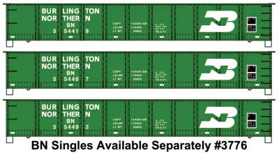 Accurail AAR 41' Steel Gondola 3-Pack - Kit -- Burlington Northern #554419, 554467, 554492 (Cascade Green, white, Large Logo) - ACU37764