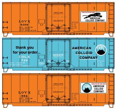Accurail HO AAR 40' Insulated Plug-Door Boxcar 3-Pack - Kit -- American Colloid Company (2 orange, 1 blue) - ACU8141