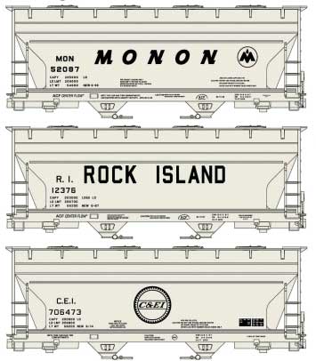 Accurail ACF 2-Bay Covered Hopper 3-Pack - Kit -- 1 Each: Monon #52087, Rock Island #12376, Chicago & Eastern Illinois #70647 - ACU8151