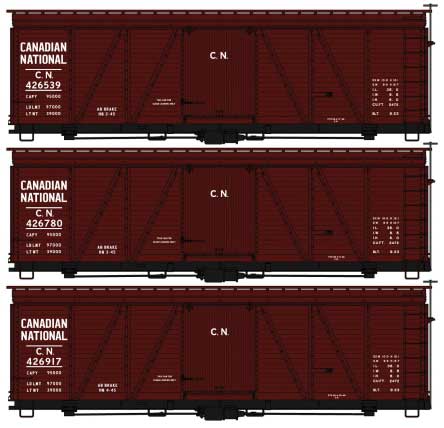 Fowler 36' Wood Boxcar 3-Pack - Kit -- Canadian National #426539, 426780, 426917 (Boxcar Red)