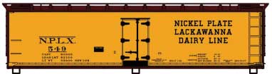 Accurail HO 40' Wood Reefer - Kit -- Nickel Plate - Lackawanna Dairy Line NPLX #549 (yellow, Boxcar Red) ACU81561