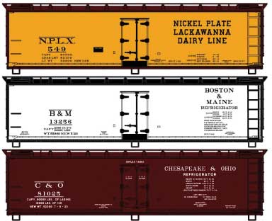 Accurail HO 40' Wood Reefer 3-Pack - Kit -- 1 Each NKP/DLW Dairy Line, Boston & Maine, Chesapeake & Ohio - ACU8156