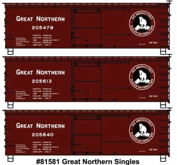 36' Double-Sheathed Boxcar w/Steel Roof, Ends, Straight Underframe 3-Pack - -- Great Northern #205479, 205613, 205840 (Boxcar Red, See America Logo)