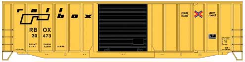 50' Exterior-Post Modern Boxcar - Kit -- Railbox (yellow, black, small Next Load Logo)