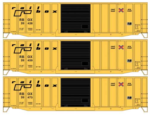 50' Exterior-Post Modern Boxcar 3-Pack - Kit -- Railbox #20428, 20459, 20473 (yellow, black, small Next Load Logo)