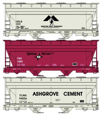 Accurail HO ACF 2-Bay Covered Hopper 3-Pack - Kit -- 1 Each: Morton Salt, Oglebay Norton, Ashgrove Cement