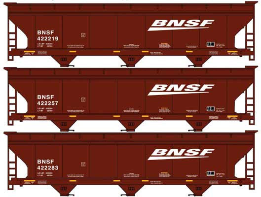 Accurail HO ACF 47' 3-Bay Center-Flow Covered Hopper 3-Pack - Kit -- BNSF Railway #422219, 422257, 422283 (Boxcar Red, white, Wedge Logo)