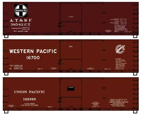 Accurail HO USRA 40' Double-Sheathed Wood Boxcar 3-Pack - Kit -- Santa Fe 38542, Union Pacific 122389, Western Pacific 16700 (brown)
